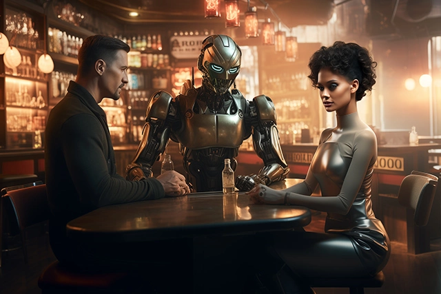 Android, robot a kyborg spolu u stolu v baru
