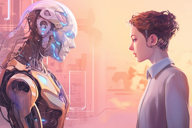 Ilustrace setkání AI a člověka, vygenerováno Midjourney